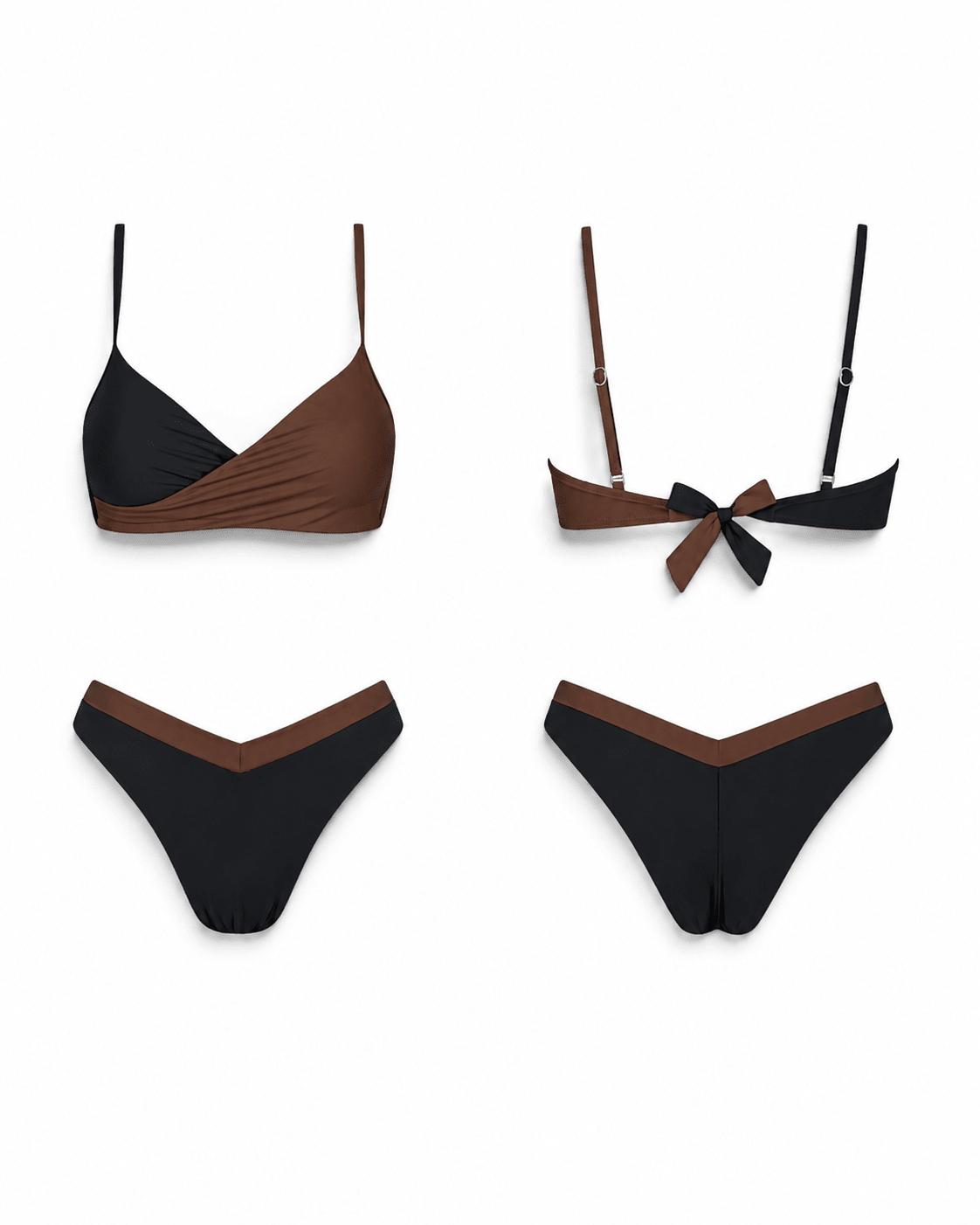 Conjunto de biquíni preto com painéis castanhos: top triangular e cueca
