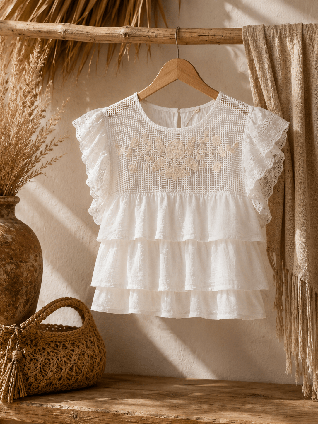 Blusa bordada branca com folhos e renda nas mangas