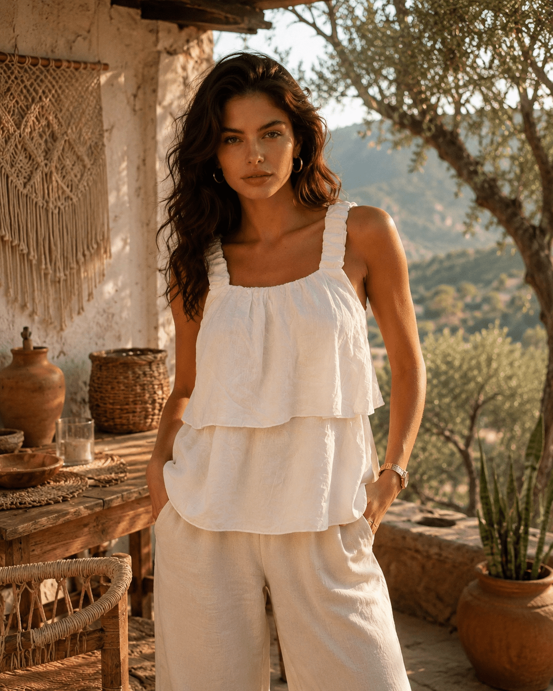Top Clara branco sem mangas, decote quadrado e folhos em camadas