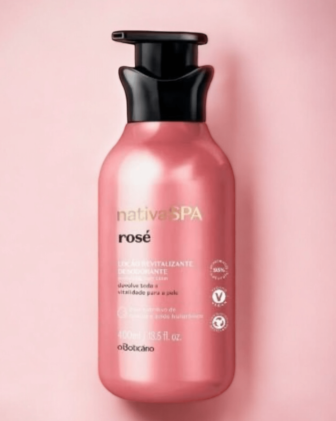 Loção hidratante corporal Nativa SPA rosé, frasco rosa com tampa preta 400 ml