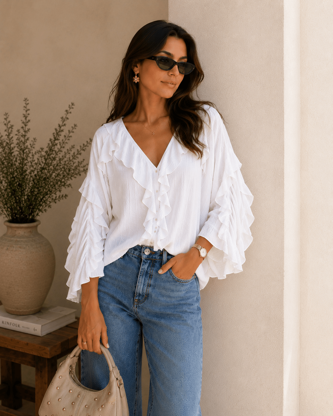 Camisa Gisela branca com folhos nas mangas e decote em V, corte solto