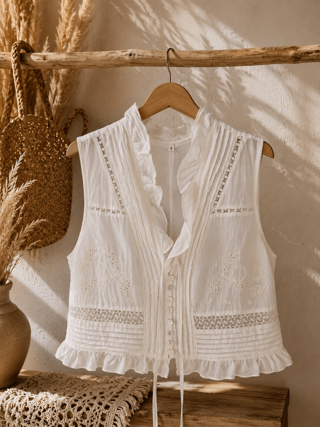 Blusa sem mangas branca com bordado, botões e parte inferior com folho
