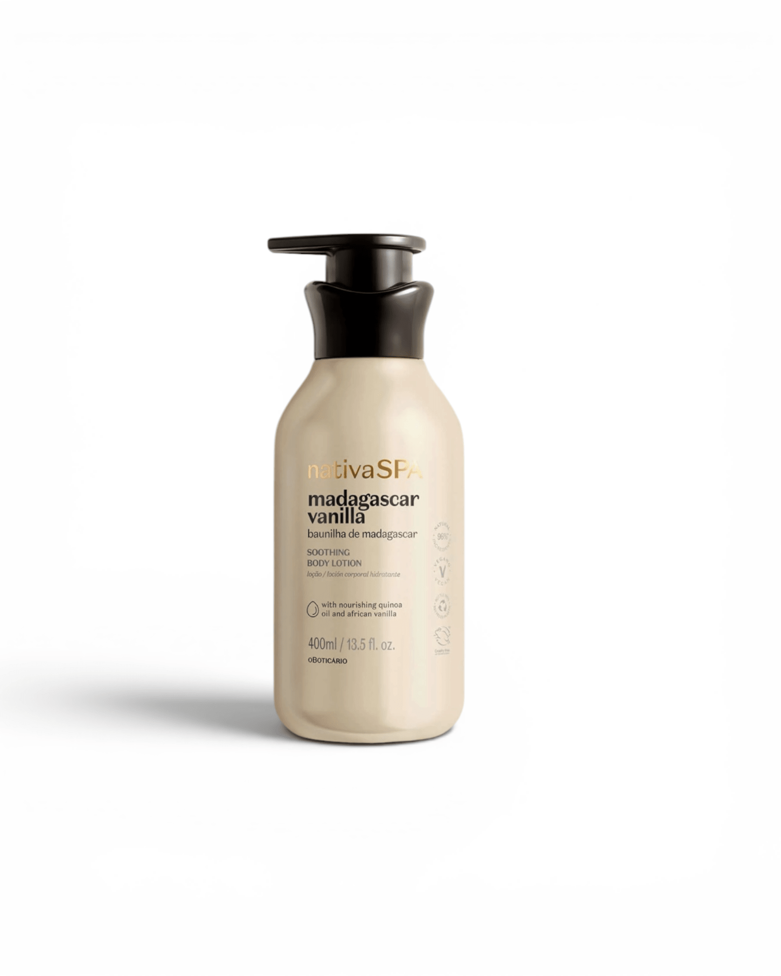 Loção hidratante corporal Nativa SPA baunilha de Madagascar, frasco bege com tampa preta 400 ml