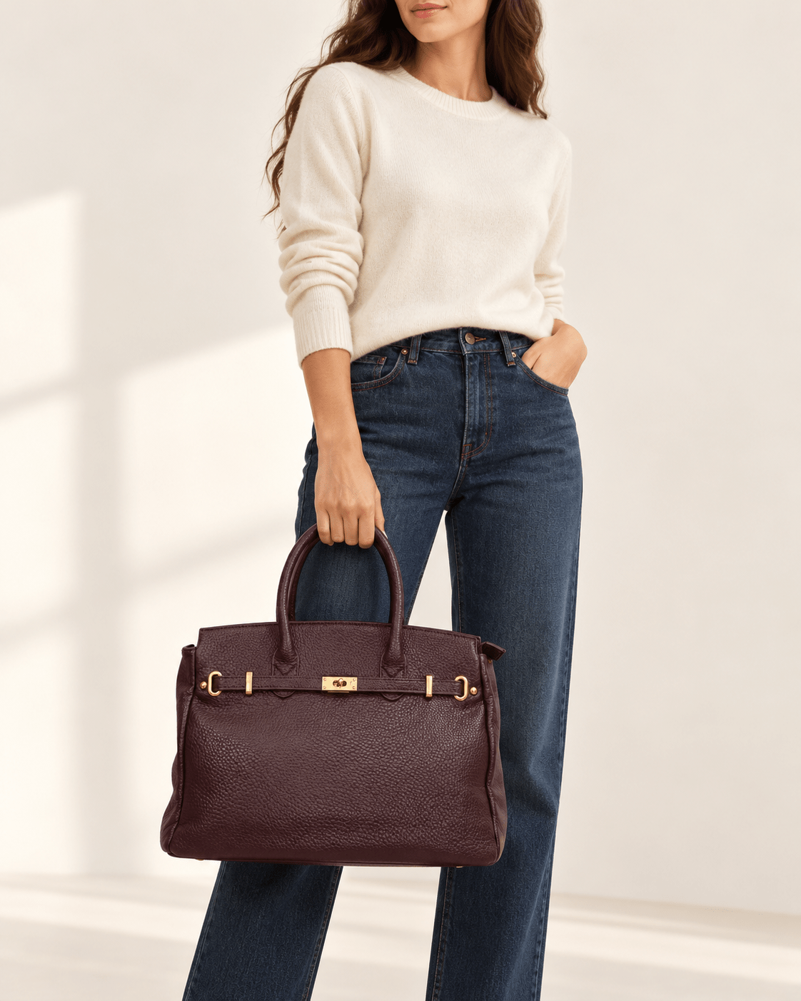 Modelo com camisola clara e calças de ganga a segurar a Mala Teresa bordeaux pelas alças de mão.