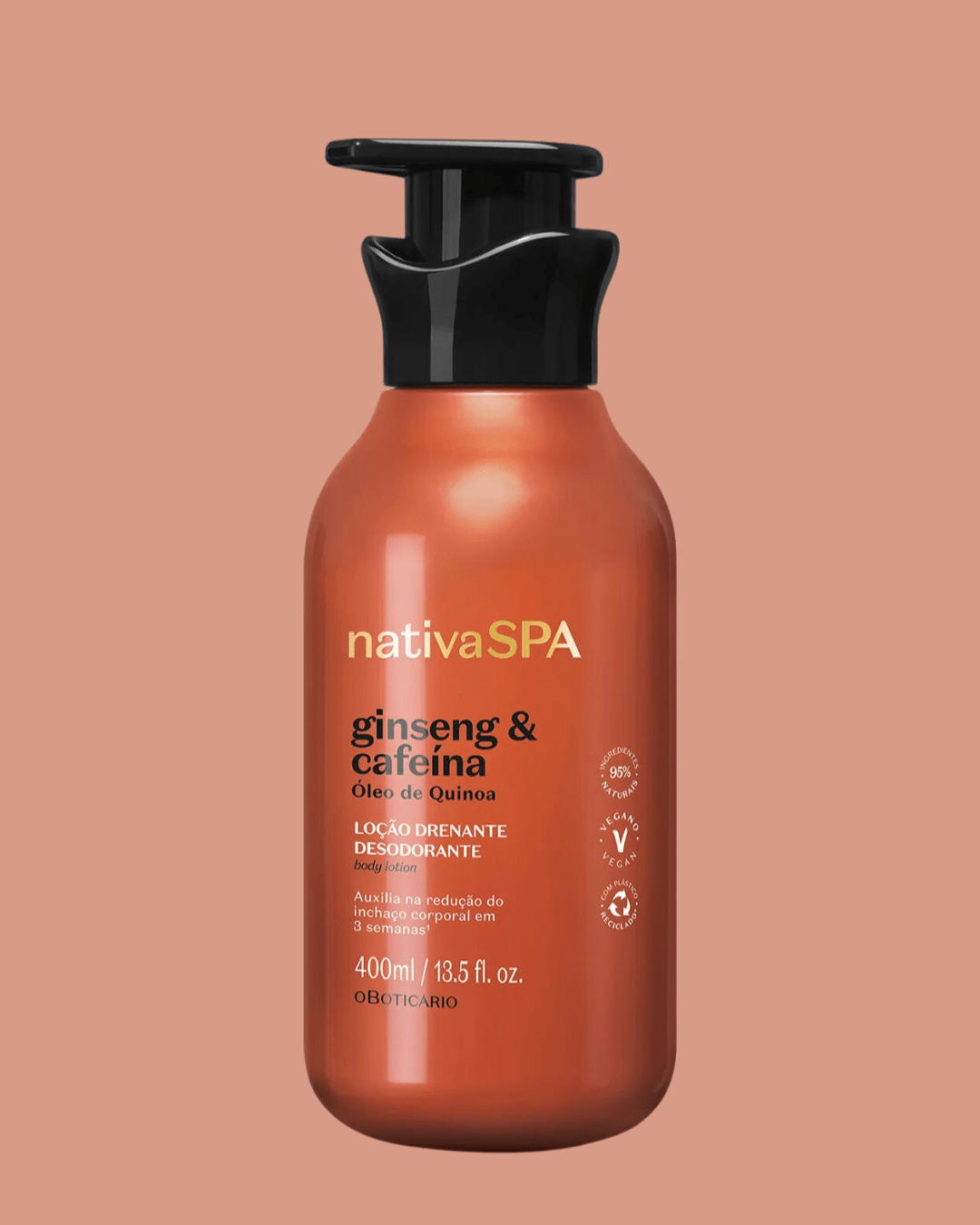 Loção hidratante corporal Nativa SPA ginseng e cafeína, frasco castanho-rosado 400 ml