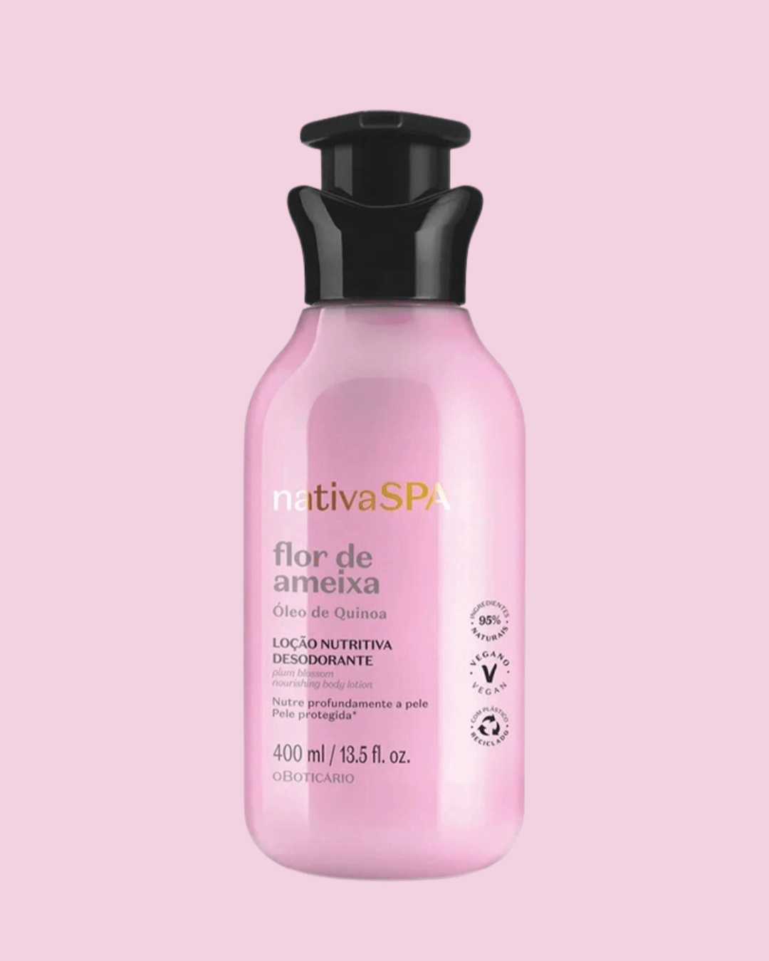Loção hidratante corporal Nativa SPA flor de ameixa, frasco rosa-claro com tampa preta 400 ml