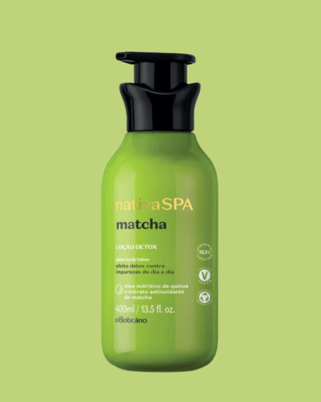 Loção hidratante corporal Nativa SPA matcha, frasco verde com tampa preta 400 ml