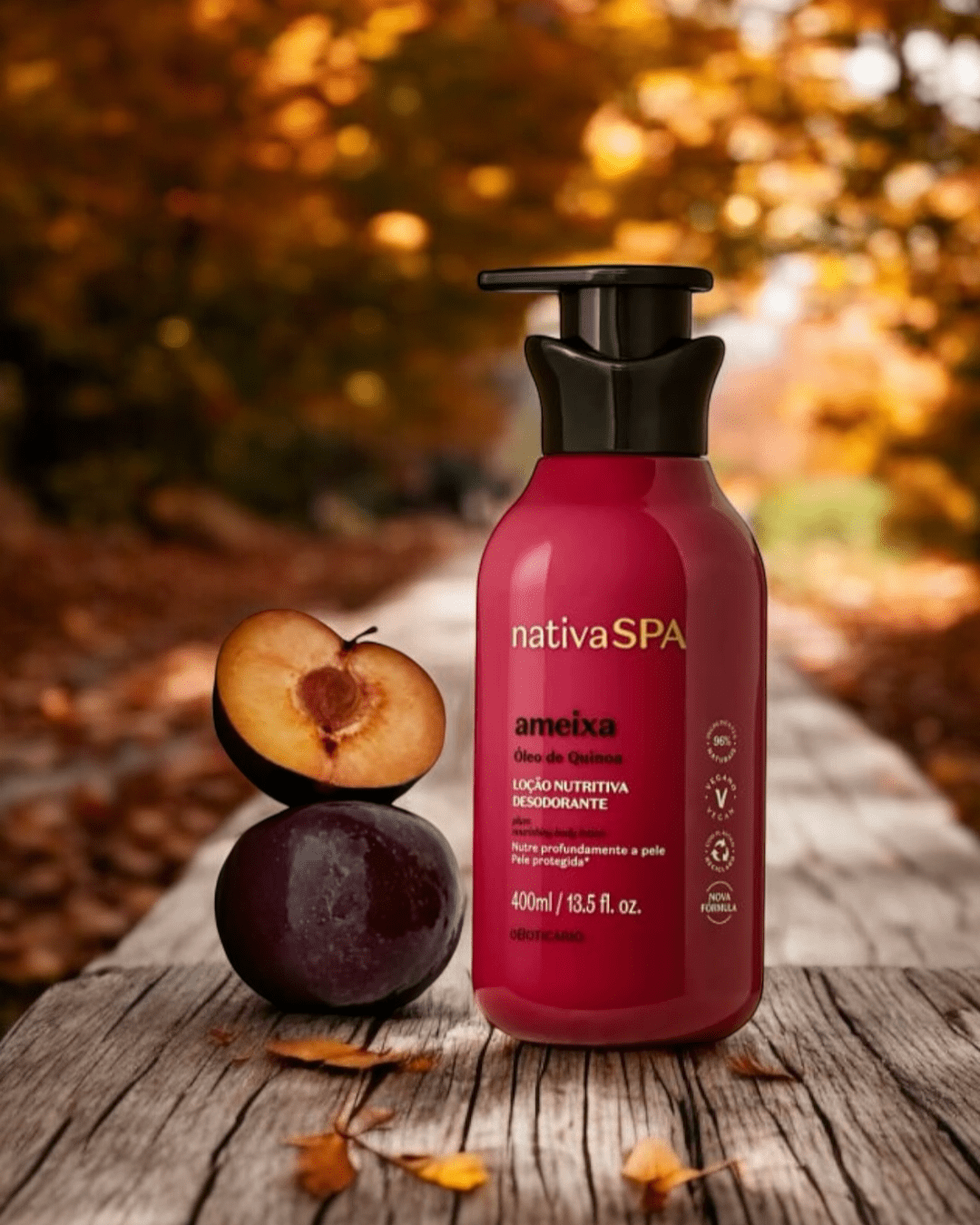 Loção hidratante corporal Nativa SPA ameixa, frasco vermelho com tampa preta 400 ml