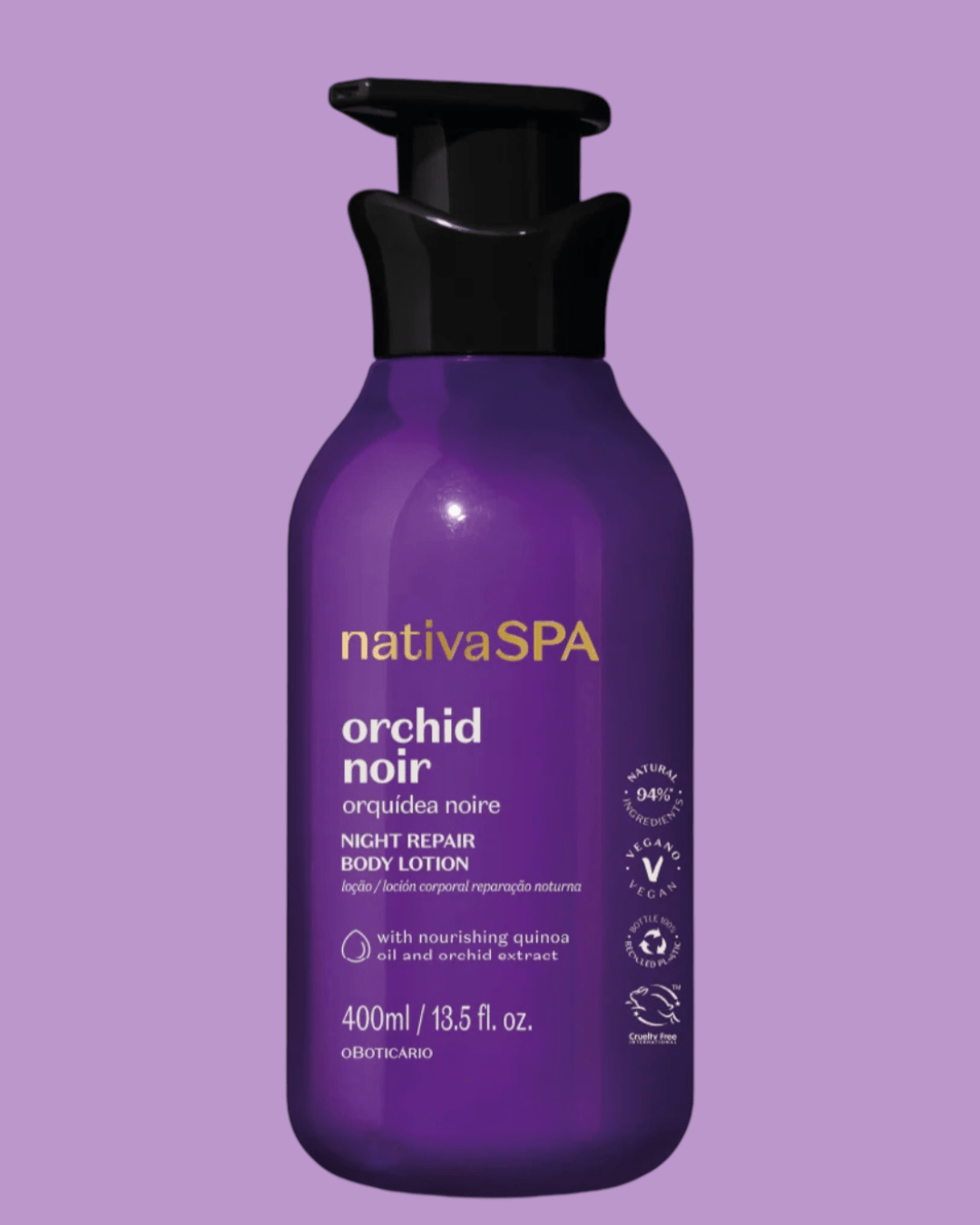 Loção hidratante corporal Nativa SPA orquídea negra, frasco roxo escuro com tampa preta 400 ml