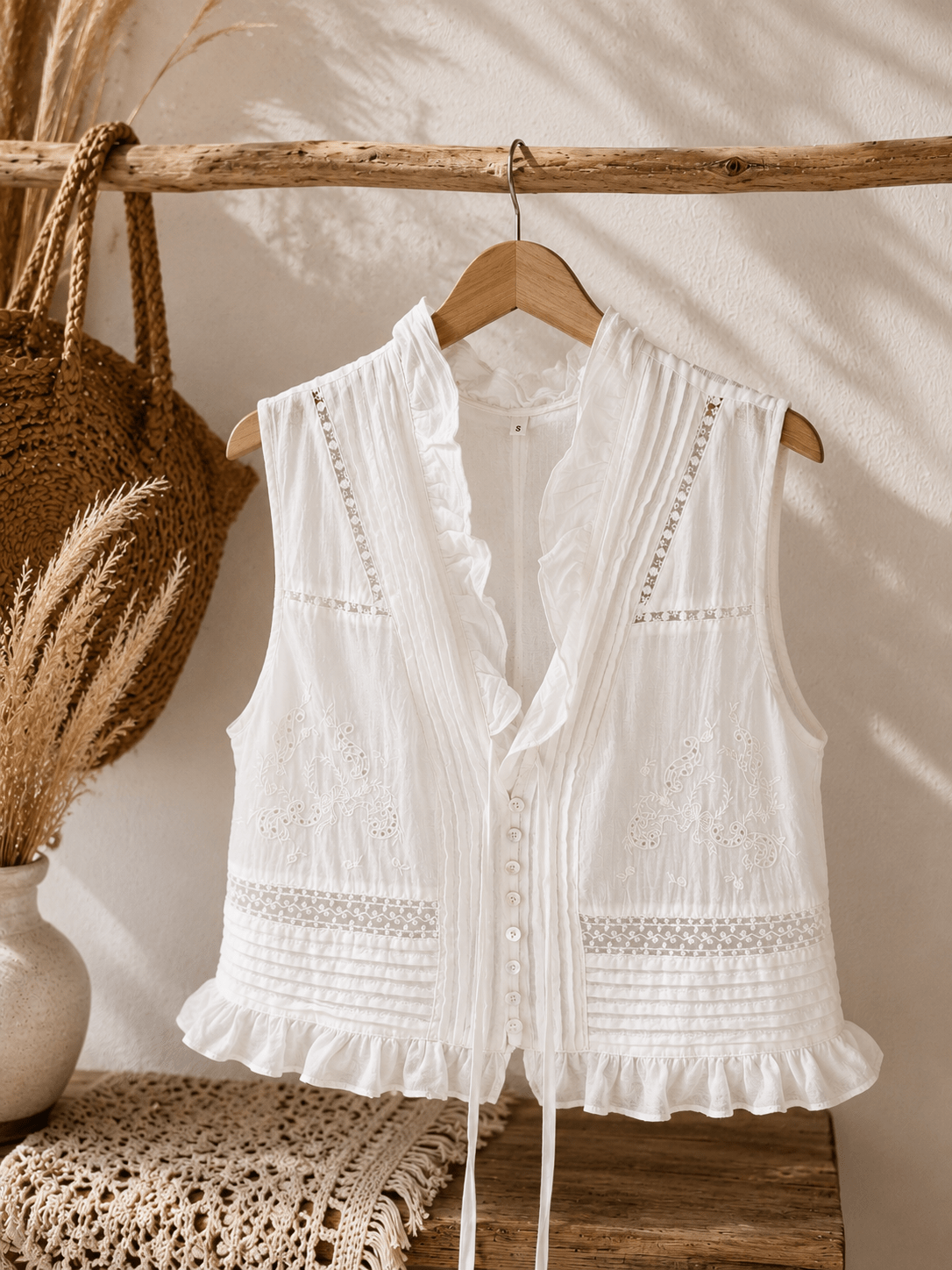 Blusa sem mangas branca com faixa rendilhada e botões, gola com folho