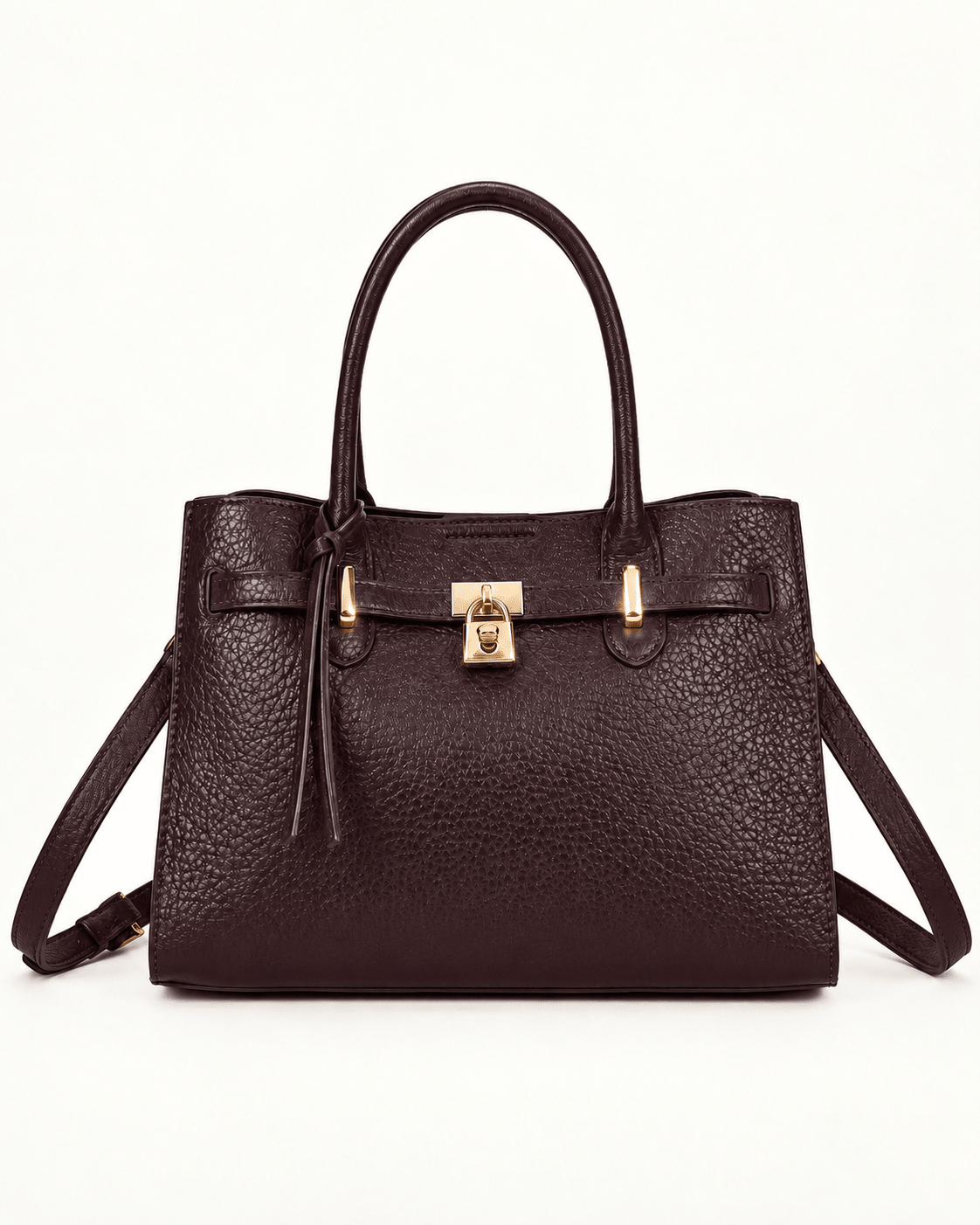 Mala Manuela bordeaux com cadeado dourado e alça de tiracolo, vista de frente.