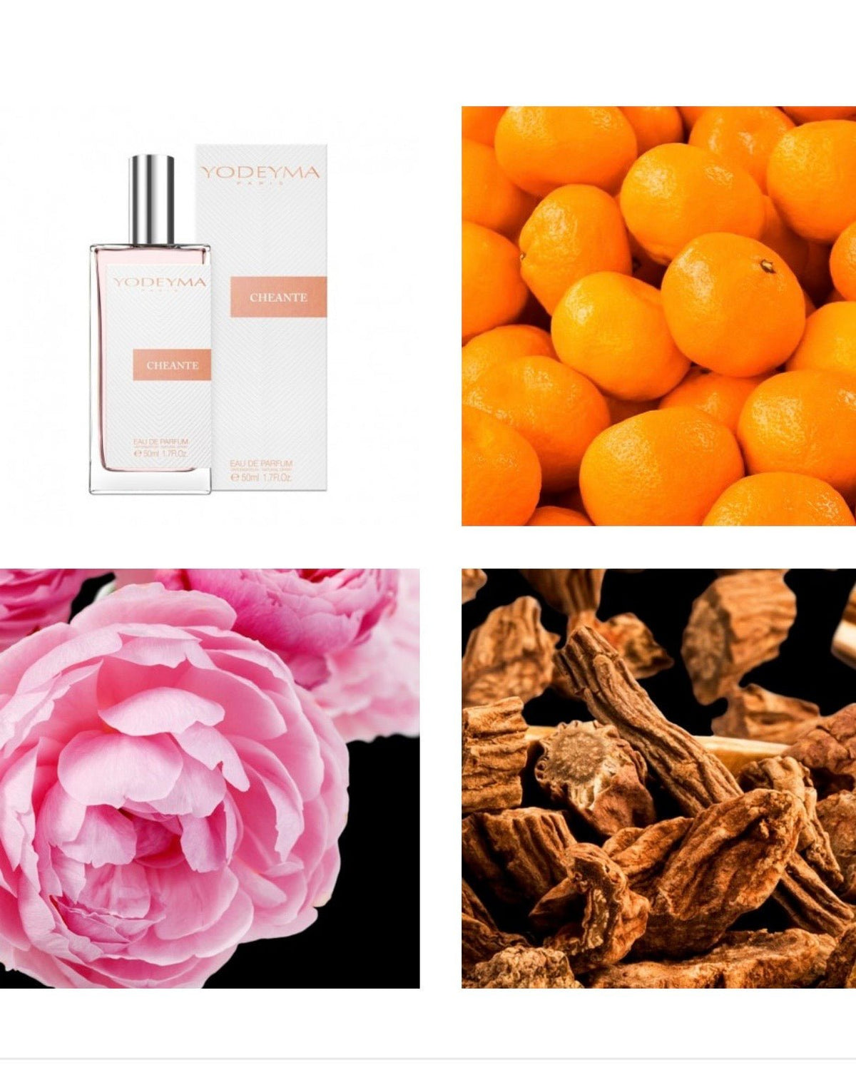 Frasco de eau de perfume Cheante 50 ml, tampa prateada e rótulo bege, com caixa.