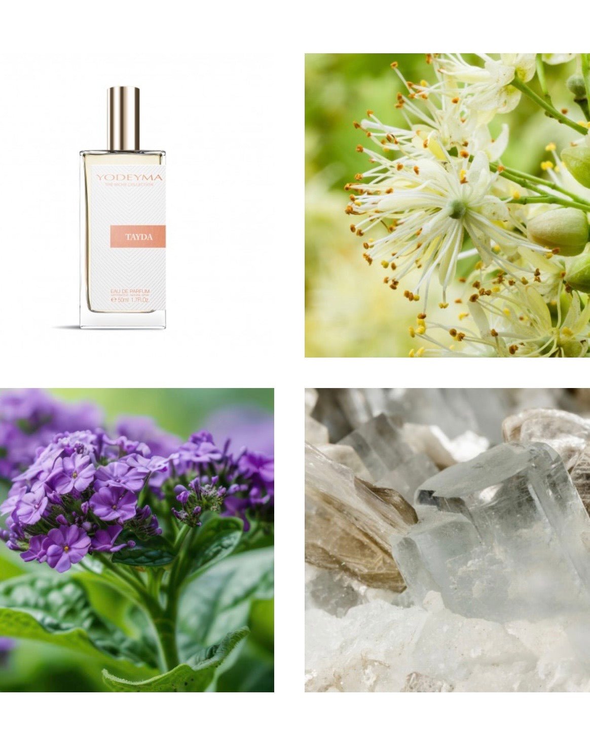 Frasco de eau de parfum Tayda 50 ml, com flores brancas e cristais.