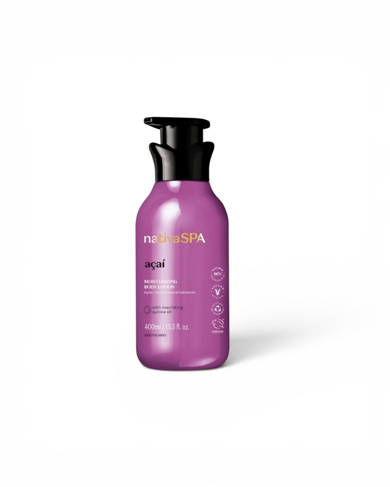 Loção hidratante corporal Nativa SPA açaí, frasco roxo com tampa preta 400 ml