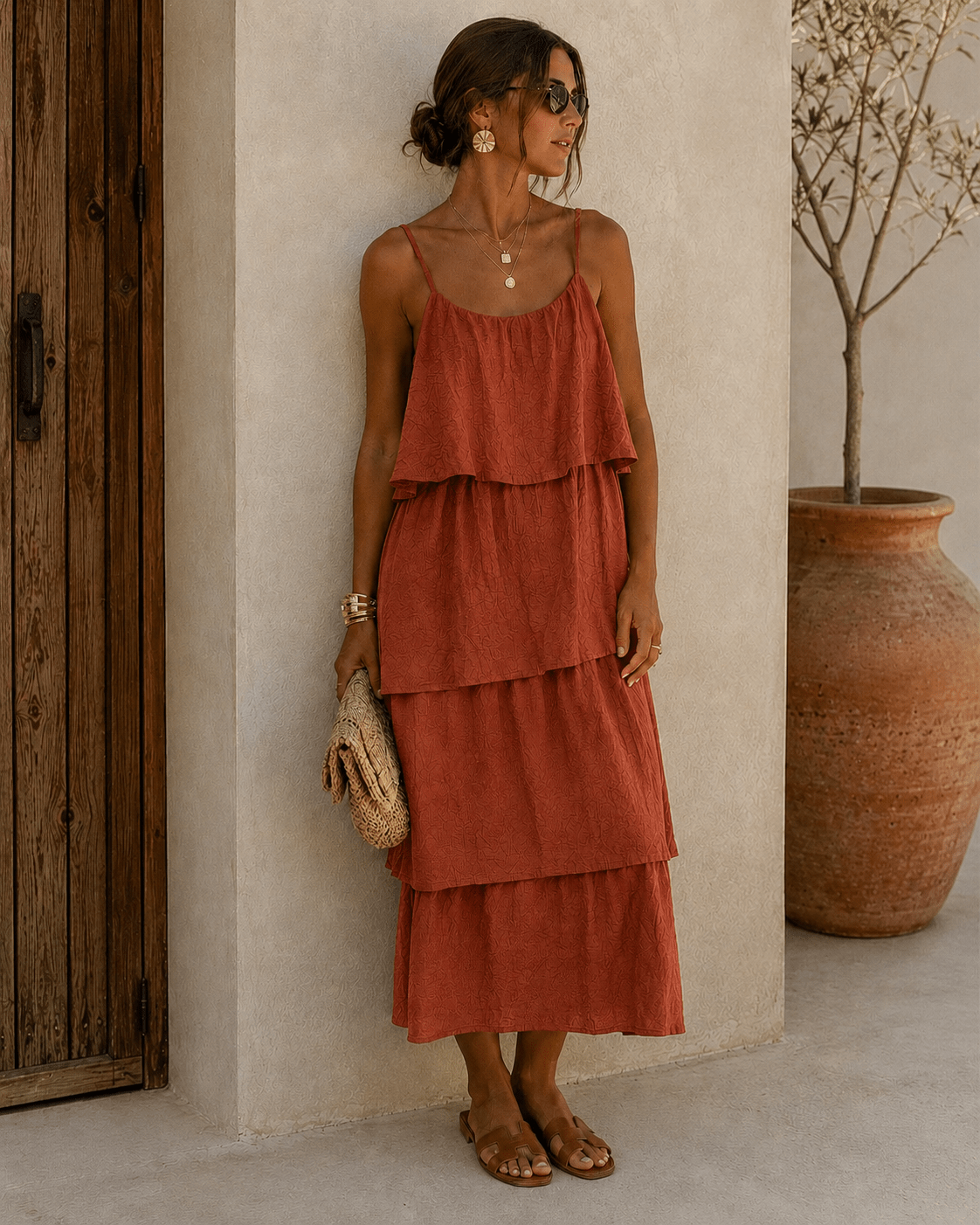 Vestido vermelho tijolo de alças finas com folhos em camadas