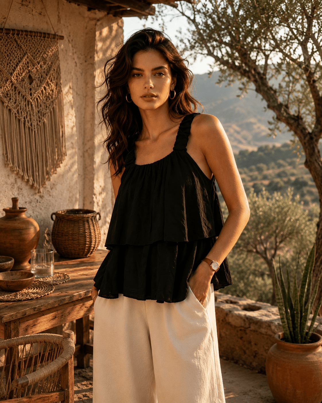 Top Clara preto sem mangas, decote quadrado e folhos em camadas