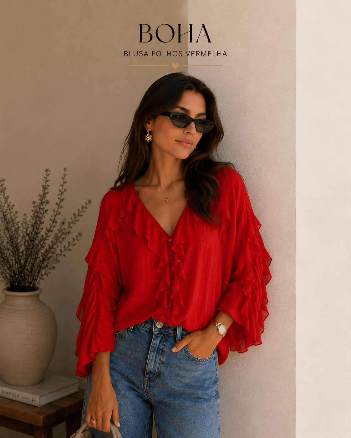 Camisa Gisela vermelha de folhos, decote em V e botões frontais