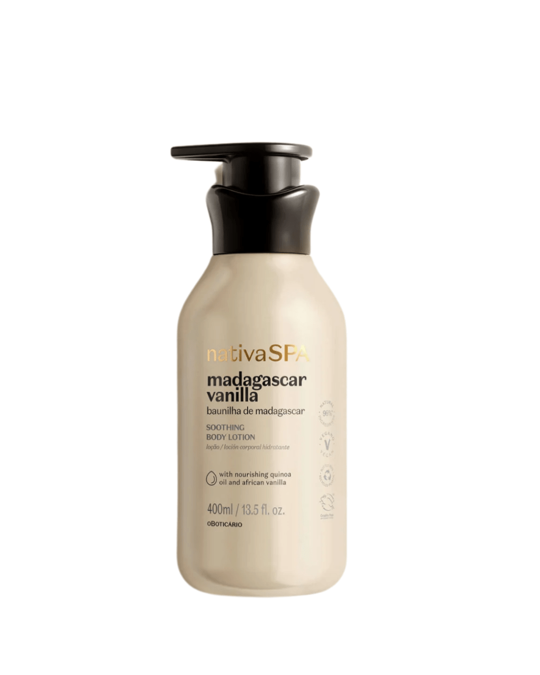 Loção hidratante corporal Nativa SPA baunilha de Madagascar, frasco bege com tampa preta 400 ml