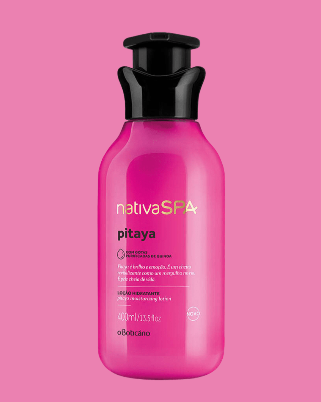 Loção hidratante corporal Nativa SPA pitaya, frasco rosa-magenta com tampa preta 400 ml