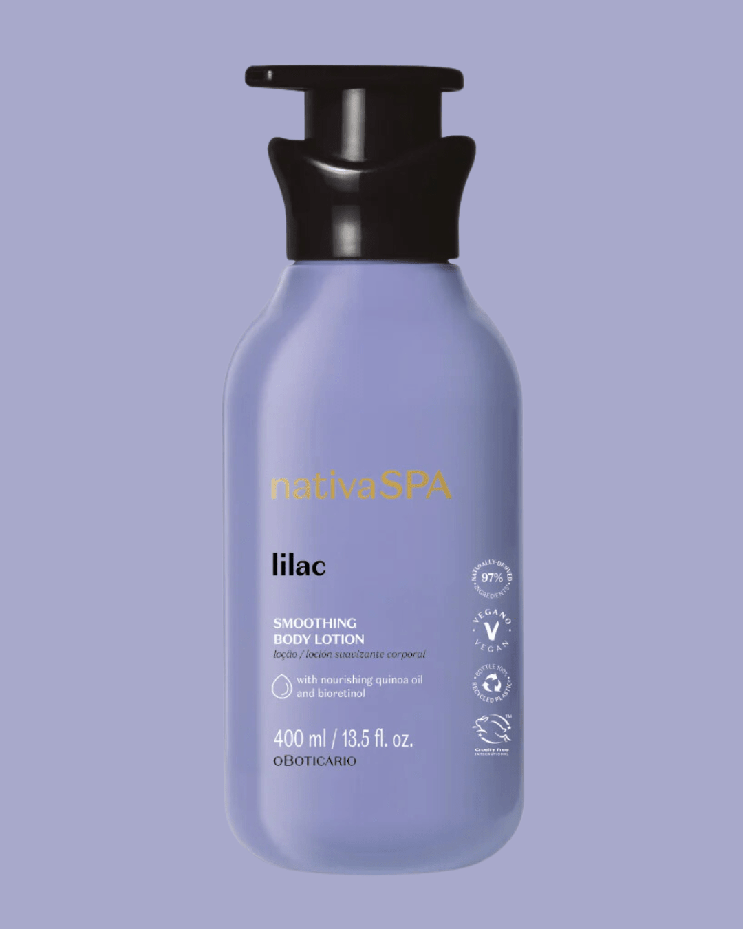 Loção hidratante corporal Nativa SPA lilás, frasco azul claro com tampa preta 400 ml