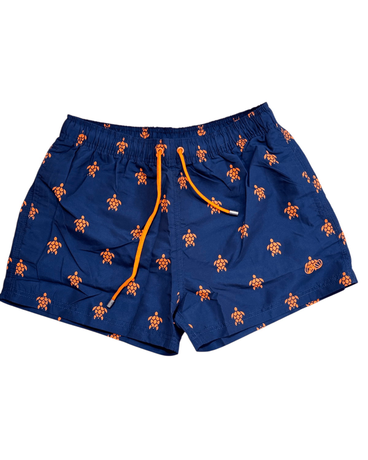 Calção de banho azul-marinho com padrão de flores laranja e cordão