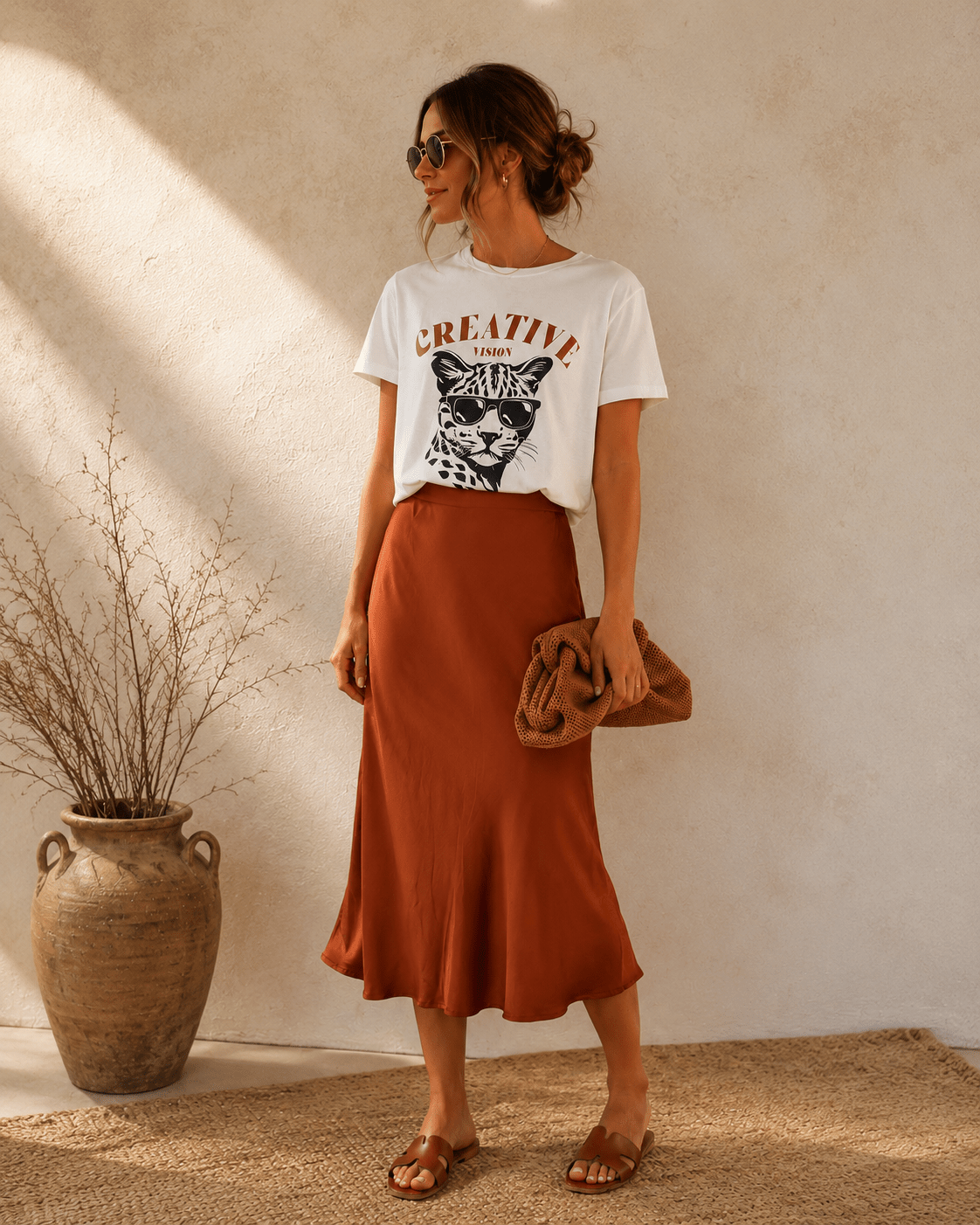 Saia midi terracota acetinada, caimento liso e bainha larga