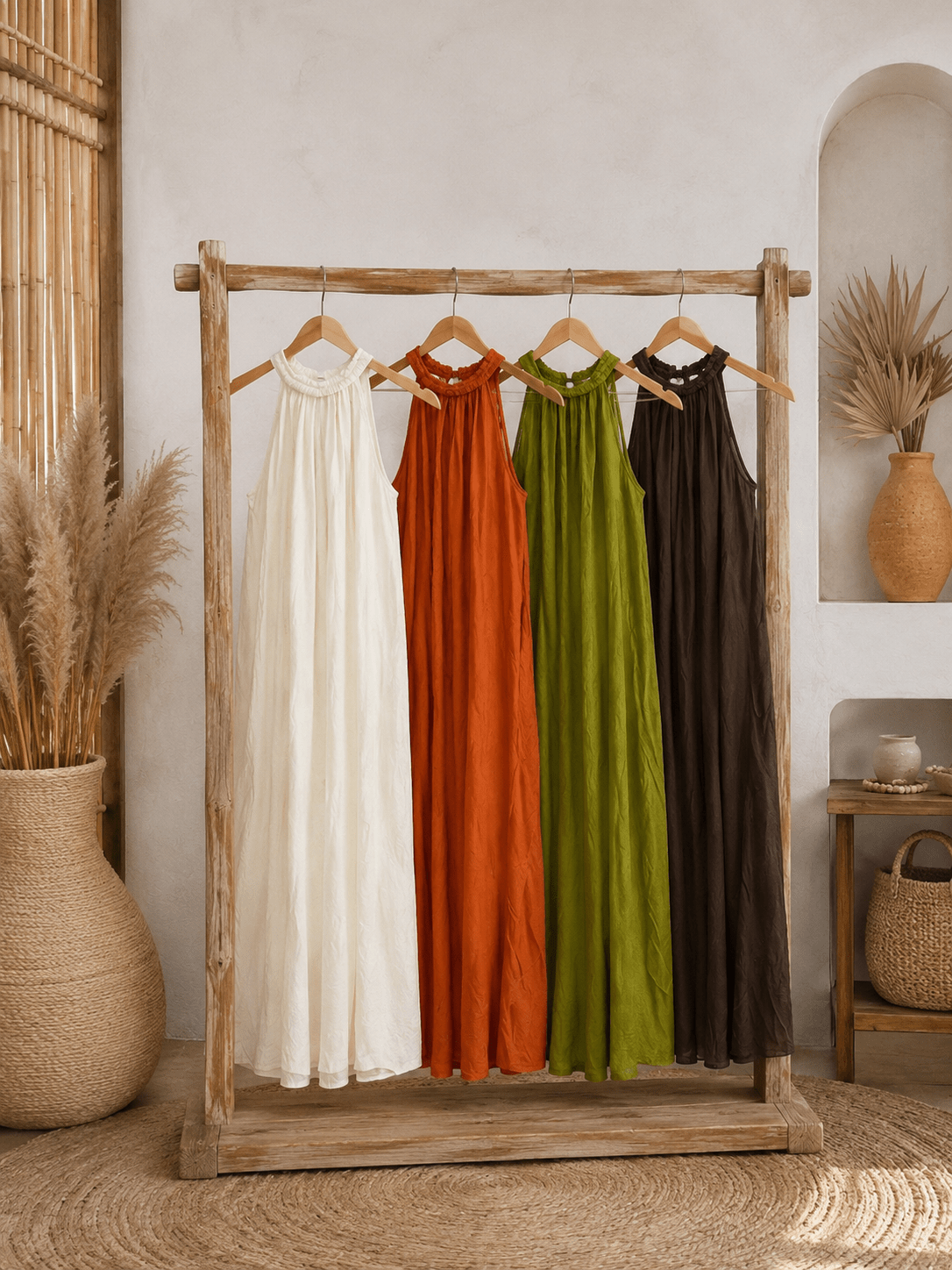 Vestidos fluidos em três cores: telha, castanho e cru, sem mangas e saia ampla.