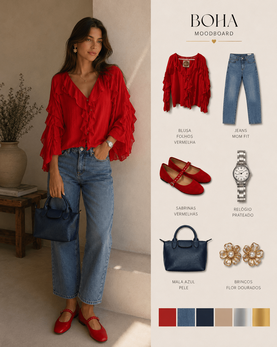 Camisa Gisela vermelha com folhos, decote em V e mangas amplas