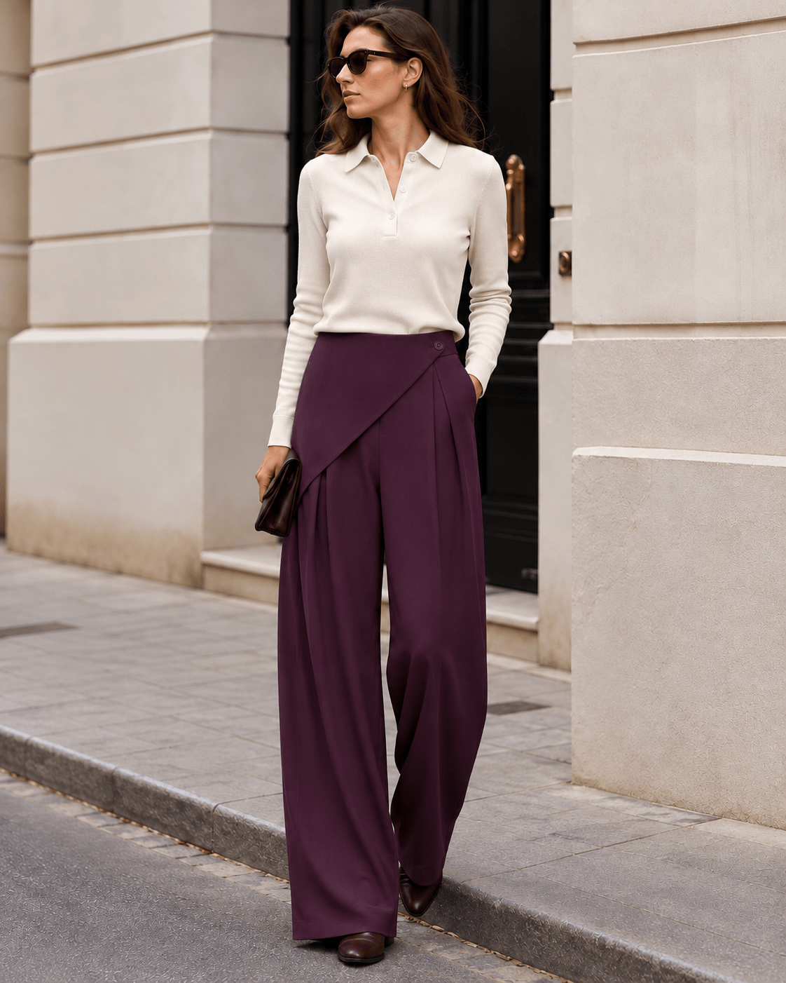 Calça Sónia khaki de perna larga com sobreposição frontal e botão lateral | Boha