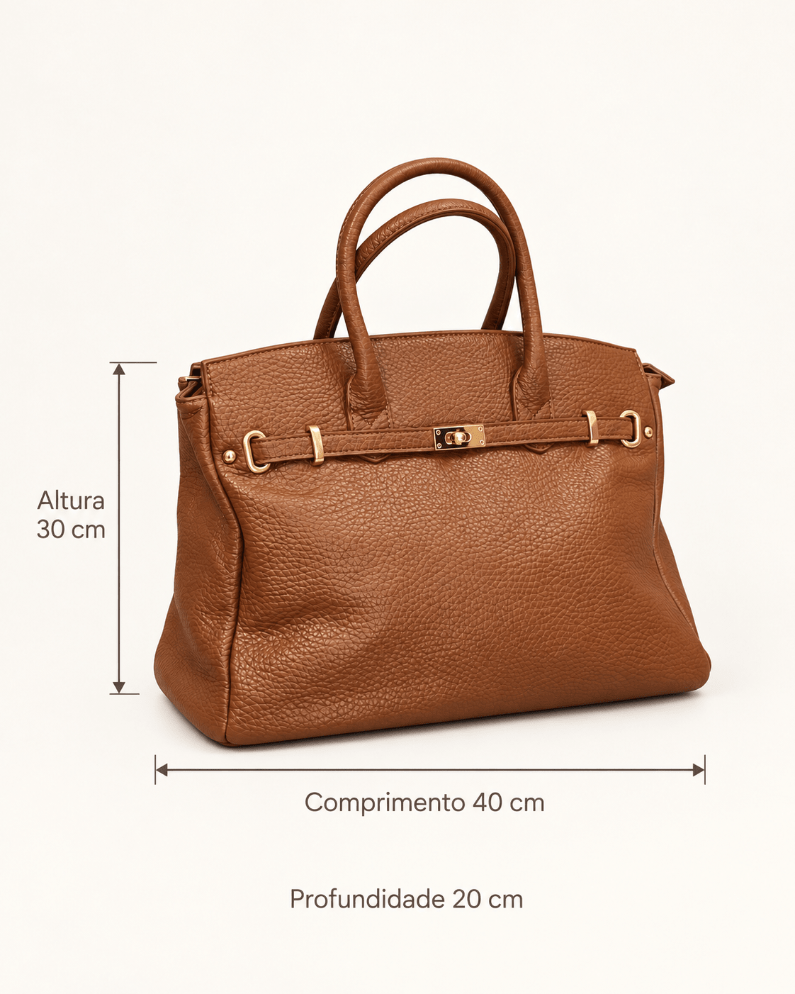 Medidas da Mala Teresa camel: altura de 30 cm sem alças, comprimento de 40 cm e profundidade de 20 cm.