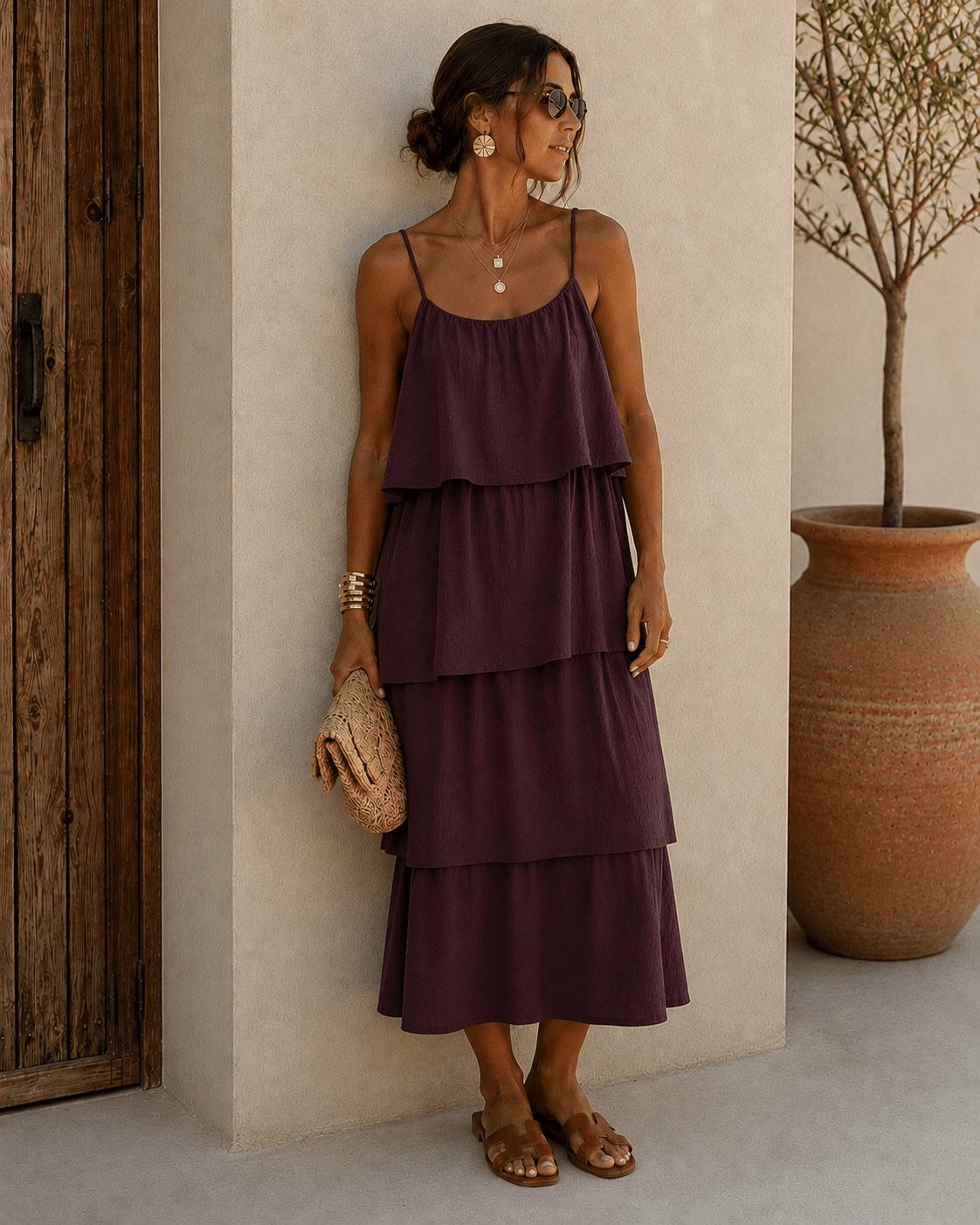 Vestido beringela com alças finas e folhos em camadas