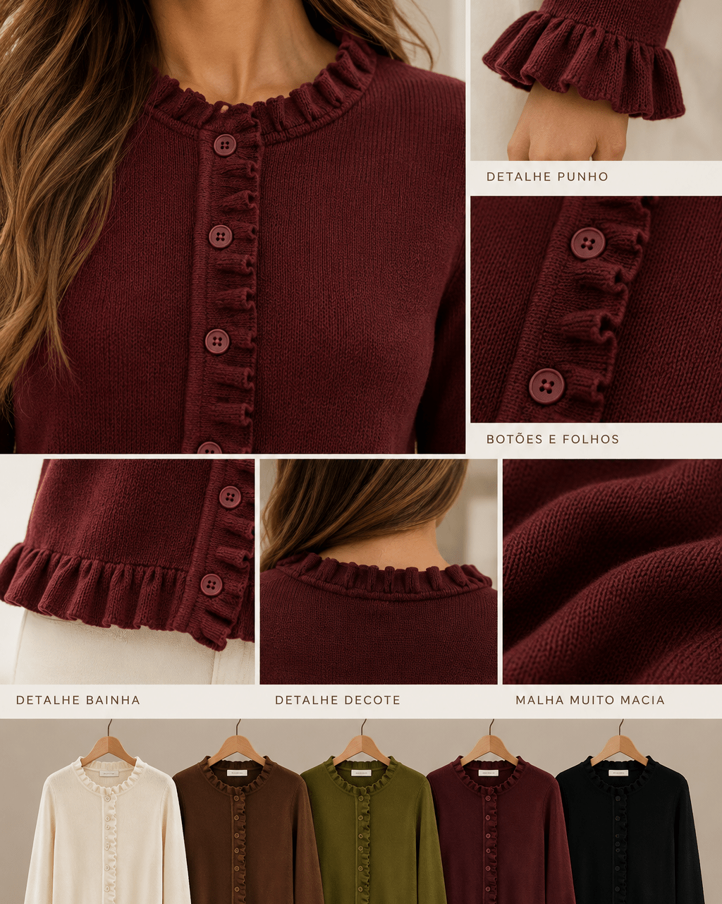 Camisola Leonor de malha com folhos, estilo casual elegante | Boha