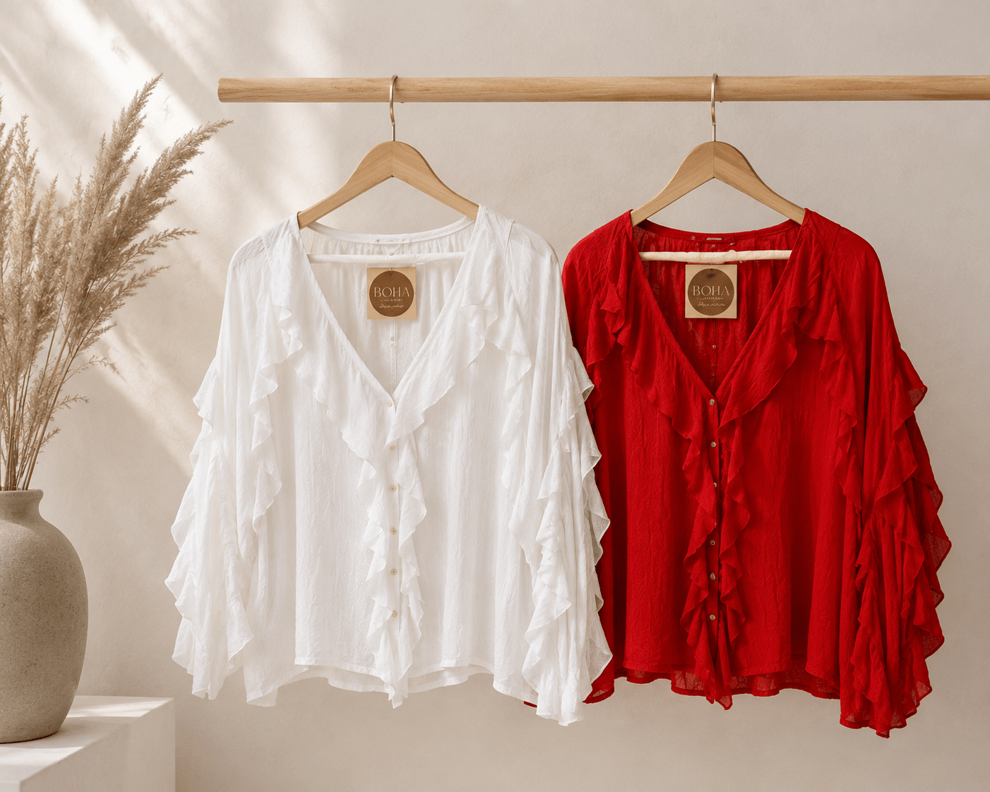 Camisa Gisela branca e vermelha, decote em V e folhos ondulados nas mangas