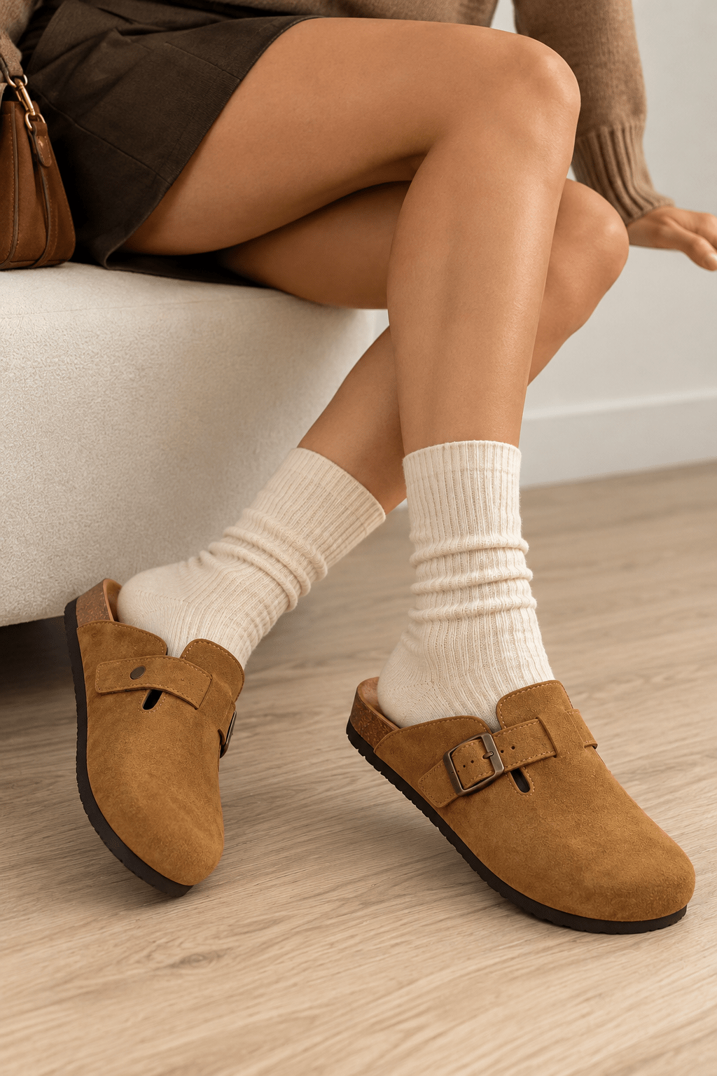 Mules Findlay femininas em efeito camurça com fivela metálica, vista de produto