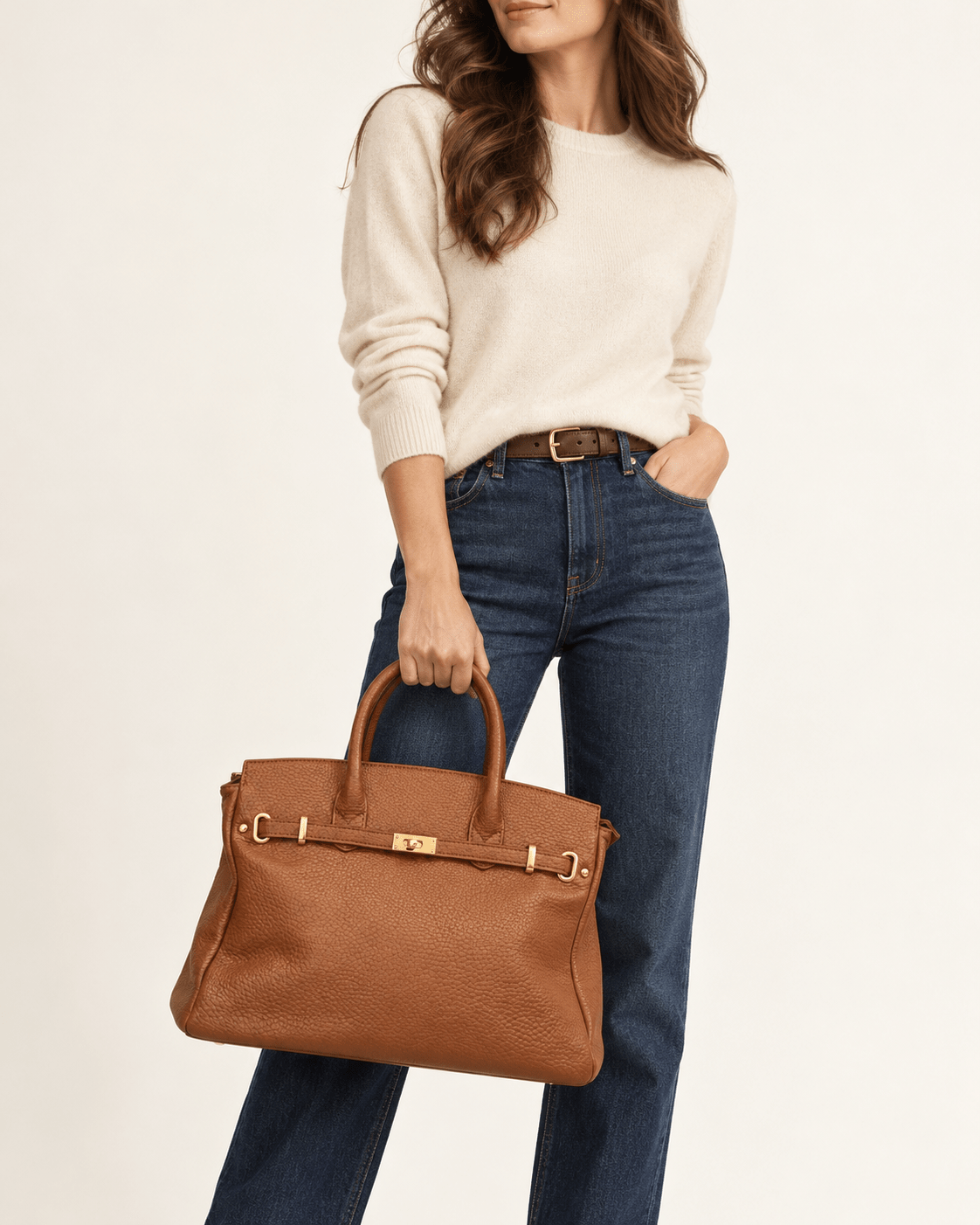 Modelo com camisola clara e calças de ganga a segurar a Mala Teresa camel pelas alças de mão.