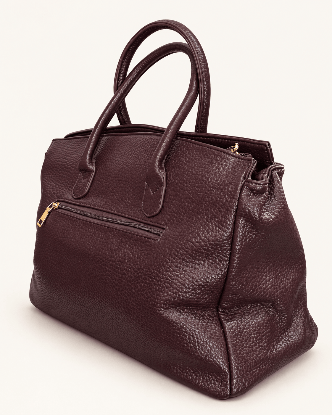 Parte traseira e lateral da Mala Teresa bordeaux, com bolso exterior de fecho de correr dourado.