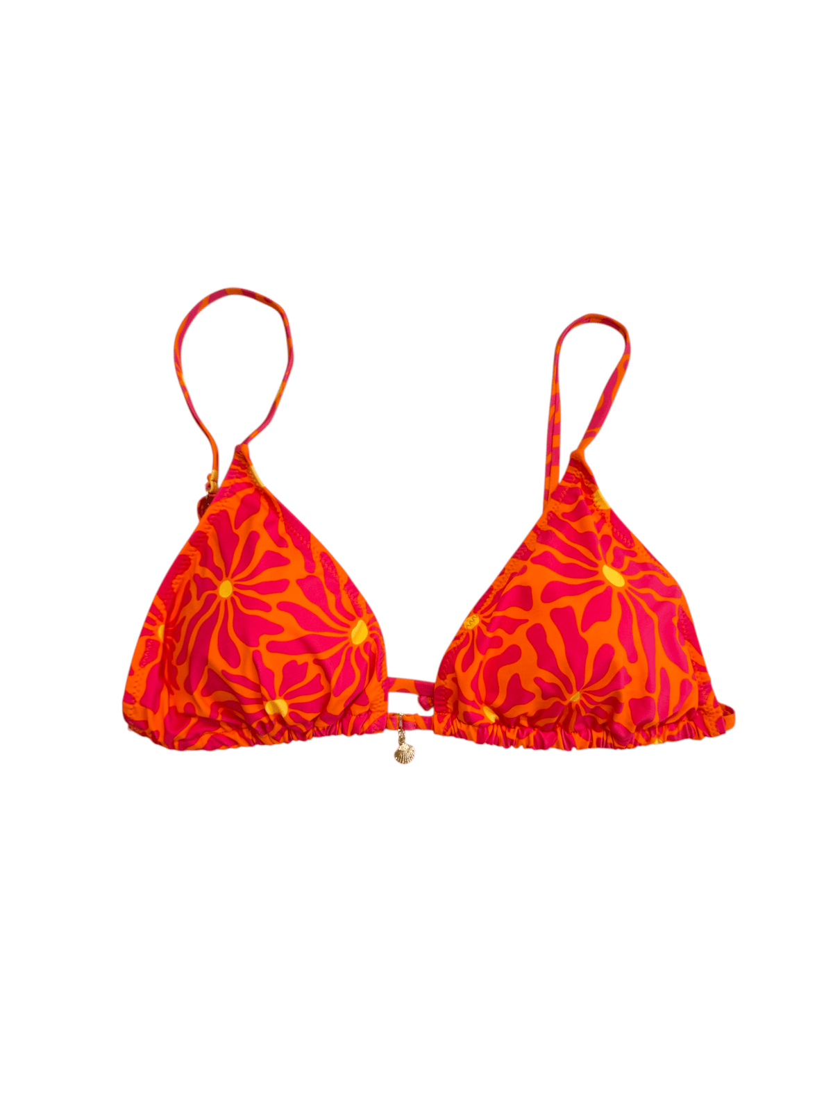 Parte de cima de biquíni triangular laranja com padrão floral e alças ajustáveis