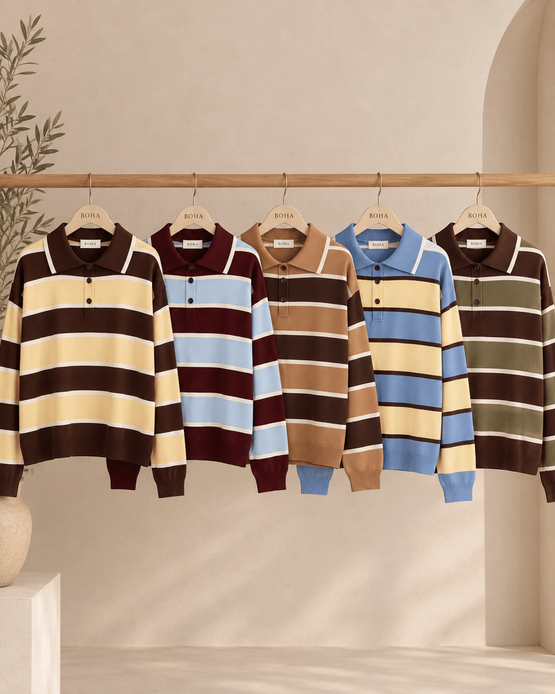 Conjunto de polos Maria às riscas, gola pólo e botões, em vários tons.