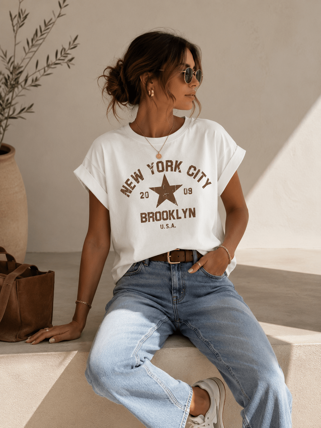 T-shirt branco com estampado New York City Brooklyn e estrela central